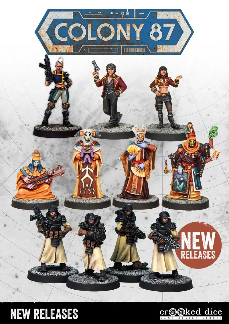A collection of detailed tabletop miniatures is displayed, featuring a variety of characters. The top row includes a female figure with a gun, a suave male character, and a woman in a crop top, alongside three robed figures with distinct designs and colors. The bottom row showcases three soldiers in tactical gear and cloaks, all standing on textured bases, with a "NEW RELEASES" badge in the bottom right corner.