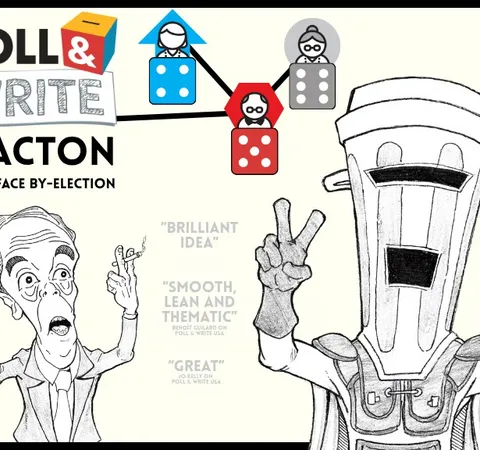 A robot with a blender for a head making peace signs, with dice and text "BRILLIANT IDEA", "SMOOTH, LEAN AND THEMATIC", "GREAT".