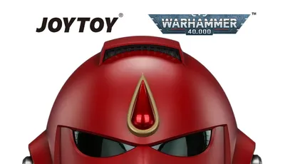 Red Space Marine helmet with gold blood drop icon, "JOYTOY WARHAMMER 40,000" text.