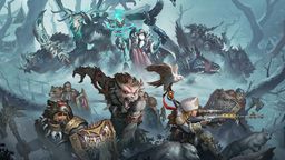 A dynamic scene features a variety of characters and creatures from the Old Umbrey Command Starter and Battlegroup Box. In the foreground, a fierce, wolf-like warbeast with red markings stands alongside a soldier aiming a rifle, while a small bird perches nearby. In the background, a witch in flowing robes commands a spectral figure, flanked by various warbeasts and warriors, all set against a misty, eerie landscape filled with twisted trees and shadowy figures.