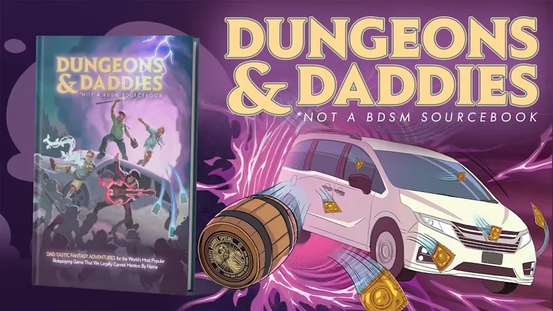 "Dungeons & Dadbods" book cover and a minivan with a barrel cannon.