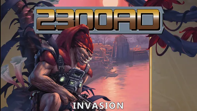 A humanoid alien with red skin and a distinctive crest is prominently featured, holding a futuristic weapon. The background depicts a sunset over a futuristic cityscape, hinting at a conflict zone. The title "2300AD" is displayed at the top, with the subtitle "INVASION: THE RELIEF OF NOVY KYIV" below, emphasizing the theme of the campaign.