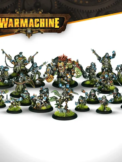 A collection of miniatures from the Southern Kriels Kithguard Army for Warmachine, featuring various trollkin jungle fighters. Prominent figures include Lead Captain Grimtusk, a fierce warlock, and Chomper, a dire troll, alongside Captain Grindstone and several infantry units. The miniatures are detailed, showcasing vibrant colors and dynamic poses, set against a simple background that highlights their intricate designs.