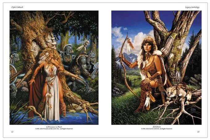 Two illustrations by Clyde Caldwell are displayed side by side. On the left, titled "A Princess in Peril," a woman in a flowing white dress stands near a tree, surrounded by mystical creatures and a serene forest backdrop. On the right, titled "Altarion," a warrior woman in a brown outfit holds a bow, with a small creature at her feet, set against a vibrant blue sky and lush greenery. Both pieces showcase Caldwell's detailed and dynamic art style.