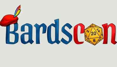 The logo for "Bardscon" features the word "Bardscon" in bold, colorful letters. The letter "B" is adorned with a red bard's hat topped with a vibrant feather, while the letter "d" is accompanied by a yellow twenty-sided die, emphasizing the tabletop gaming theme. The overall design is playful and inviting, reflecting the event's focus on tabletop gaming and community.