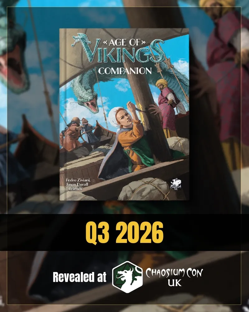The cover of the "Age of Vikings Companion" features a vibrant scene aboard a Viking ship, with a young girl in the foreground holding onto a mast, dressed in a colorful outfit. In the background, a dragon-like creature emerges from the water, while several figures in traditional Viking attire are visible, engaged in various activities on the ship. The title is prominently displayed at the top, with the release date "Q3 2026" highlighted at the bottom.