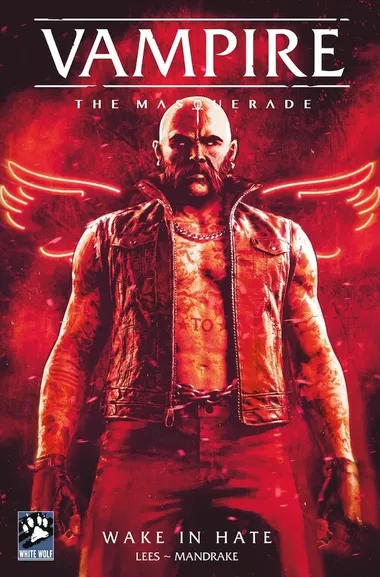 Bald man in leather vest, glowing red wings behind, text "VAMPIRE THE MASQUERADE" above.
