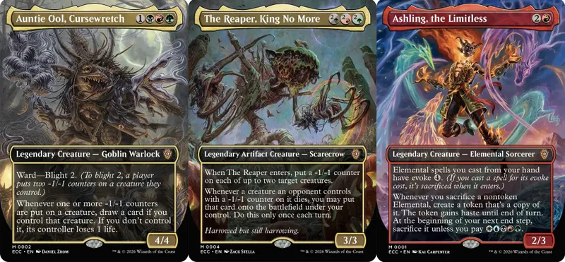 Three Magic: The Gathering cards are displayed side by side. On the left, "The Reaper, King No More" features a dark, twisted figure resembling a scarecrow, surrounded by gnarled branches and a haunting landscape. In the center, the card's text describes its abilities, including placing -1/-1 counters on creatures. On the right, "Ashling" showcases vibrant colors and swirling magical elements, with its own text detailing its legendary status and abilities. Each card has a distinct art style and color scheme, reflecting the themes of the Lorwyn Eclipsed expansion.