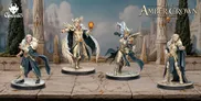 Two painted fantasy miniature figures posed on a stone-textured base. The figure on the left is a high elf wearing ornate silver armor with wing-like protrusions extending from the back and shoulders. The elf holds a glowing amber-colored orb in the right hand, raised slightly forward, and the left arm is extended outward. The figure on the right is a winged creature resembling a griffin or lynx with blue and silver detailing, rearing up on its hind legs. A rider in matching silver armor with a winged helmet sits atop the creature, holding a lance in the right hand. In the background, a misty, gothic-style cityscape with tall spires is visible. The word "Amber" is partially visible in the top right corner.