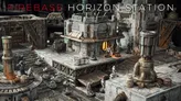 A detailed modular sci-fi terrain setup features various structures, including a large building with a glowing orange window and intricate textures, set against a backdrop of industrial elements. Several miniature figures are positioned throughout the scene, suggesting a skirmish or exploration scenario. The terrain is designed for tabletop gaming, showcasing a mix of crates, pipes, and machinery, all rendered in a weathered, metallic color palette.