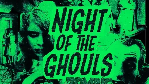 Green-tinted horror scene with three zombie faces in the background. Central text reads: "ZOMBIE BRAINEATERS! NIGHT OF THE GHOULS." Foreground shows a woman with long hair and a man in a hospital bed.