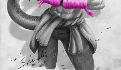 A komodo dragoness boxer with four arms looks fierce at the viewer. The image is in greyscale with pink accents.