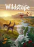 Two antelopes standing near water’s edge in grassy terrain. A river flows toward a waterfall in a valley with a snow-capped mountain in the background. Flamingos and fish in water, red birds flying overhead. Text reads "Wildscape" with a stylized mountain logo.