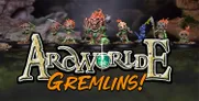A group of seven distinctive Gremlin miniatures is displayed prominently, showcasing their unique designs and vibrant colors. The central figure is a larger Great Gremlin, adorned with a fiery mane and a mischievous expression, surrounded by smaller Gremlin Scamps, each holding various weapons and tools. The background features a blurred, natural setting, while the text "ArcWorlde GREMLINS!" is boldly presented at the bottom, emphasizing the theme of the Kickstarter campaign.