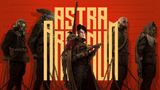 A central character stands confidently in the foreground, holding a firearm, dressed in a detailed, dark outfit with a long cape and various accessories. Behind her, three figures in rugged, tactical gear create a strong presence, each with unique features and expressions. The background features bold, stylized text reading "ASTRA ARCANUM" in large, golden letters against a vibrant red backdrop, enhancing the dynamic and adventurous theme of the RPG.