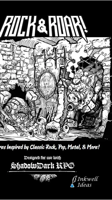 Black and white illustration of monsters in a ruined room, with text "ShadowDark RPG" and "Creatures Inspired by Classic Rock, Pop, Metal, & More!"