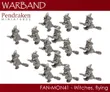 Sixteen metallic miniature witch figures flying on broomsticks in three distinct poses. Text at top reads "Pendraken Miniatures" and "Warband." Bottom text reads "FAN-MON41 - Witches, flying."