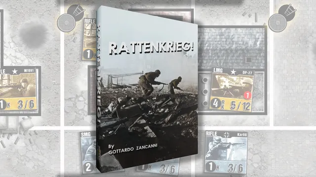 A game box for "RATTENKRIEG!" features a dramatic black-and-white image of two soldiers navigating through a war-torn landscape, emphasizing the game's focus on the Battle of Stalingrad. The title "RATTENKRIEG!" is prominently displayed in bold, white letters at the top, with the designer's name, Gottardo Zancanni, listed below. In the background, various game components, including counters and maps, are partially visible, hinting at the game's intricate mechanics and immersive experience.