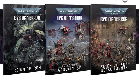 A slipcase set titled "Eye of Terror: Reign of Iron" for Warhammer 40,000 10th Edition features three hardcover books. The left book, "Eye of Terror: Reign of Iron," showcases a dark cover with imagery of Iron Warriors and mechanical elements. The center book, "Reign of Iron: Apocalypse," highlights large-scale battle scenes with various factions, while the right book, "Reign of Iron: Detachments," displays a more detailed scene with Chaos Space Marines and Imperial forces. Each book is visually distinct, emphasizing the themes of war and chaos in the Warhammer universe.