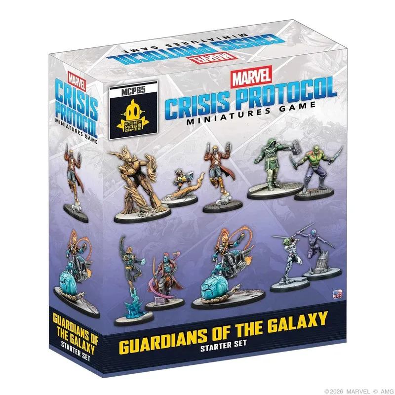 Box for the Marvel Crisis Protocol Miniatures Game Guardians of the Galaxy Starter Set. The box is predominantly purple with a clear plastic front displaying 10 painted miniatures of characters in dynamic poses. The top of the box reads "MARVEL CRISIS PROTOCOL MINIATURES GAME" in blue and white text. A black and yellow Atomic Mass Games logo is visible. The bottom of the box reads "GUARDIANS OF THE GALAXY STARTER SET" in yellow text. The Marvel logo appears in red and white.