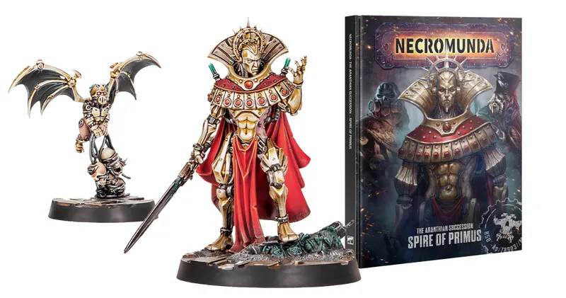 A detailed miniature of Ozostium Aranthus, adorned in ornate armor with a red cape and intricate gold detailing, stands prominently on the left. To the right, the book titled "Necromunda: The Aranthian Succession - Spire of Primus" features a dramatic cover illustration, showcasing a central figure in similar armor, flanked by shadowy characters. The background is dark and atmospheric, enhancing the theme of the Underhive.