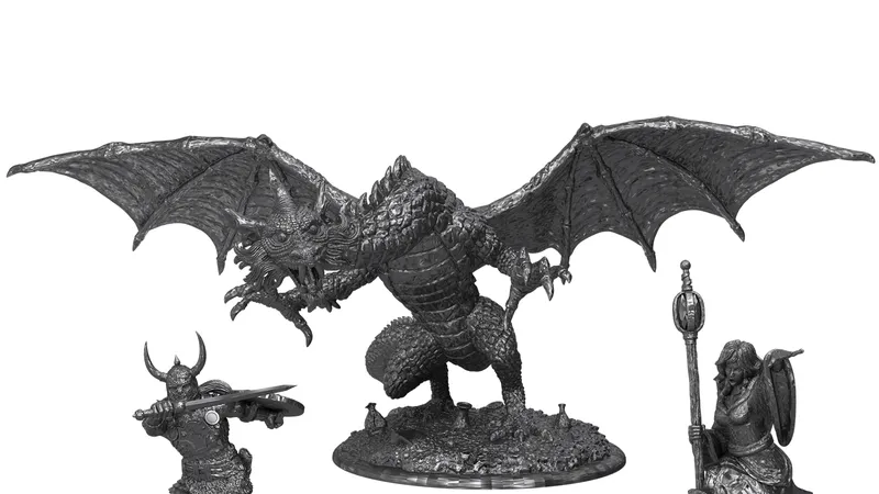 Gray metal miniatures: dragon, warrior, mage, thief on bases.