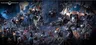 A dramatic scene showcases two imposing Chaos Knights, the Knight Ruinator and Knight Abominant, towering over a battlefield littered with detailed miniatures. The Knights feature intricate designs, with one adorned in dark metallic colors and the other showcasing a mix of blue and gold accents. Surrounding them are various smaller figures in red cloaks, wielding weapons, set against a backdrop of gothic ruins and atmospheric lighting.