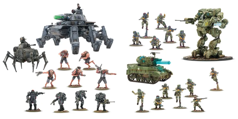 A large, multi-legged mech stands prominently on the left, featuring a turret and various mechanical details. Surrounding it are several infantry miniatures, including two distinct groups: one with heavily armored soldiers in gray and black, and another with more lightly equipped troops in casual attire, some wielding weapons. On the right, a green tank with a turret is accompanied by additional soldiers in military gear, showcasing a mix of poses and weaponry.