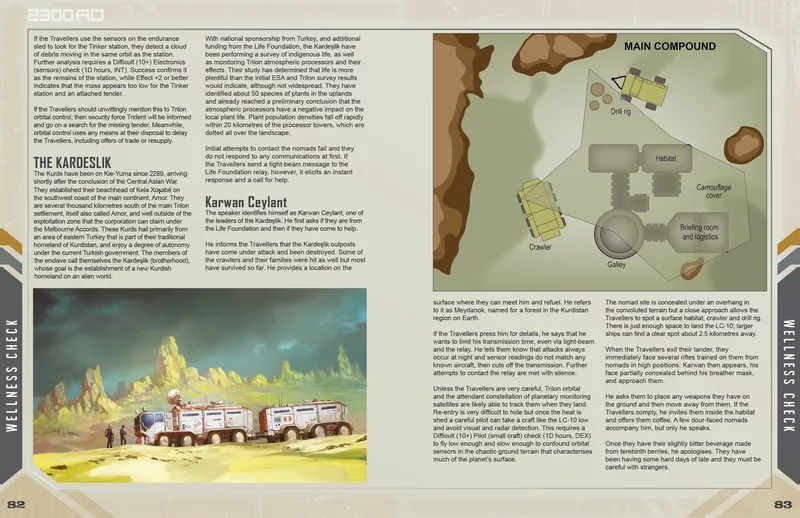 A detailed illustration depicts a research station on a distant planet, featuring a layout that includes a drill rig, habitat, crawler vehicle, and galley. The environment is characterized by rolling hills and a cloudy sky, suggesting an alien landscape. In the foreground, several vehicles are parked, hinting at the station's operational activities amidst the backdrop of interstellar exploration and potential conflict.
