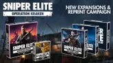 A promotional image features two game boxes for the Sniper Elite tabletop game. The larger box on the left is titled "Sniper Elite: Operation Kraken," showcasing a character holding a rifle against a backdrop of a war-torn setting. The smaller box on the right is labeled "Sniper Elite: Escalation," depicting a different character with a firearm. The background includes industrial elements, suggesting a gritty atmosphere, with rain adding to the dramatic effect.