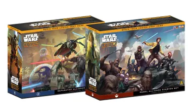 Two chunky starter sets for Star Wars Legion are displayed, featuring the Rebel Alliance and Separatist factions. The Rebel Alliance set showcases characters like Luke Skywalker and various scouts and Wookiees, while the Separatist set includes General Grievous and a variety of droids, including battle droids and super battle droids. Each box features vibrant artwork depicting the characters and their respective armies, with the text "STAR WARS LEGION" prominently displayed on the front.
