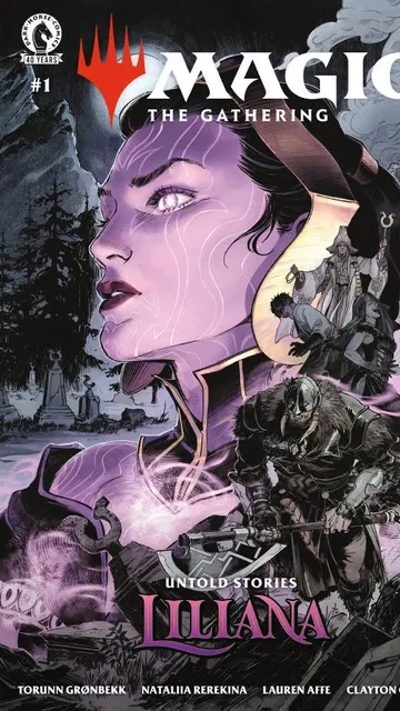Liliana Vess in armor, surrounded by undead and a graveyard. Text: "UNTOLD STORIES"