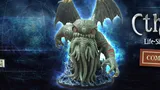 Dark blue cosmic background with faint starry lines. White stylized text reads "Cthulhu" at top. Below, smaller white text says "Life-Sized Monument." Brown banner with white text: "COMING SOON!"