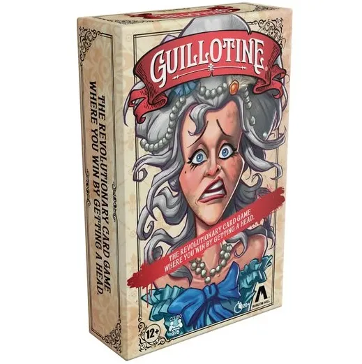 A box for the card game "Guillotine," featuring a stylized illustration of a woman with exaggerated facial features, wide eyes, and a shocked expression. She has curly gray hair adorned with a decorative headpiece and is wearing a blue bow and pearls. The box design includes a banner at the top with the game's title and a red ribbon across the middle stating, "THE REVOLUTIONARY CARD GAME WHERE YOU WIN BY GETTING AHEAD." The overall color scheme is light and playful, reflecting the game's humorous take on the French Revolution theme.