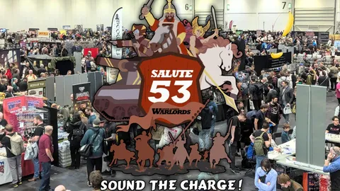 A bustling scene from SALUTE 53, Europe's largest independent wargames show, held at the London ExCel. The image captures a crowded exhibition hall filled with attendees exploring various vendor stands, with a prominent graphic overlay featuring the event's logo and artwork of a knight, a horse, and other characters. The atmosphere is lively, showcasing the excitement and engagement of the wargaming community.