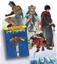 Four fantasy characters standing: muscular warrior in brown leather, woman in blue dress with white hair, robed man with sword, and child in red coat holding a bow. Book cover titled "Role Playing Game" with Japanese text and illustrated sword-wielding figure.