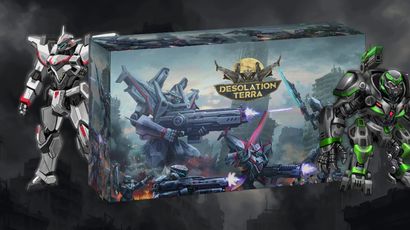 A large box for the game "Desolation Terra" features dynamic artwork depicting futuristic mechs engaged in battle, with vibrant colors and dramatic lighting. On the left, a detailed mech stands prominently, showcasing a sleek design with red and gray accents. The game's title is displayed at the top center, surrounded by a stylized emblem, enhancing the sci-fi theme of the scene.