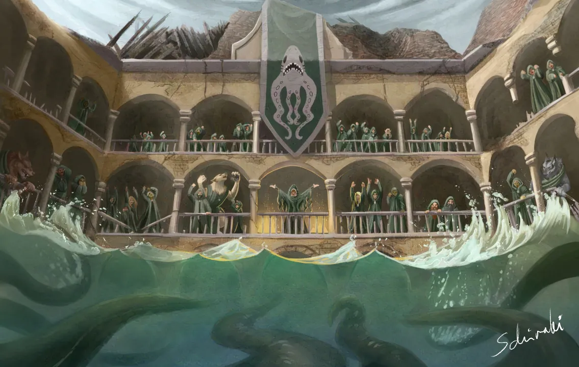 Cultists dressed in green have gathered in a half-submerged palazzo and are praying towards the waters. A few tentacles move underwater towards the cultists.