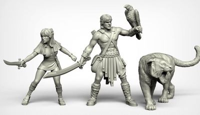 A set of three fantasy miniatures features a muscular male hero wielding a sword and holding a falcon, alongside a svelte female character brandishing a dagger. Both figures are depicted in a dynamic pose, showcasing intricate details in their clothing and accessories, reminiscent of 80s high-fantasy cinema. The miniatures are presented in a light gray color, highlighting their sculptural features.