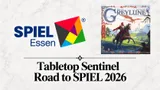 Logo of a colorful geometric puzzle piece. Cover art for board game "Greylune" featuring a knight on horseback in a fantasy landscape with a castle, dragon, and forest. Text reads "Greylune" at top, "SPIEL 2026" and "Shop Sentinel" at bottom.