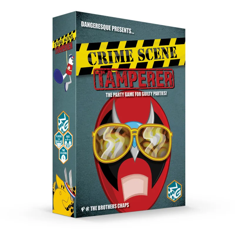 Crime Scene Tamperer game box with red mask and yellow glasses.