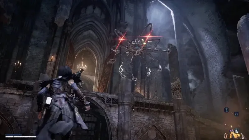 Armored figure in a gothic cathedral, swinging a sword at a glowing enemy.