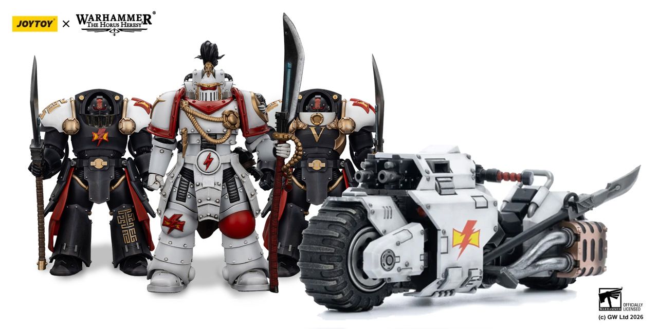 Three action figures from JoyToy are displayed prominently. In the center is Jaghatai Khan, the White Scars' Primarch, wearing ornate white and red armor, complete with a flowing red cape and holding a power sword. Flanking him are two Tactical Marines, one in black Mk III power armor and the other in black Mk VI armor, both equipped with various weapons. To the right, a detailed representation of a Raider-pattern Combat Bike is partially visible, enhancing the scene's dynamic feel.