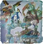 A vibrant illustration features four undead pirate characters. On the left, a faerie pirate with large, dark wings and flowing hair is depicted, wearing a tattered dress. In the center, an undead pirate captain in a blue coat and tricorn hat, with a skeletal face and a long beard, gestures dramatically. To the right, a green-skinned pirate with a patchy outfit and various sea creatures adorning her body holds a weapon, while a crab-like creature with a pirate hat and bulging eyes sits in the foreground, showcasing a treasure-laden shell. The background has a textured, oceanic theme, enhancing the eerie atmosphere.