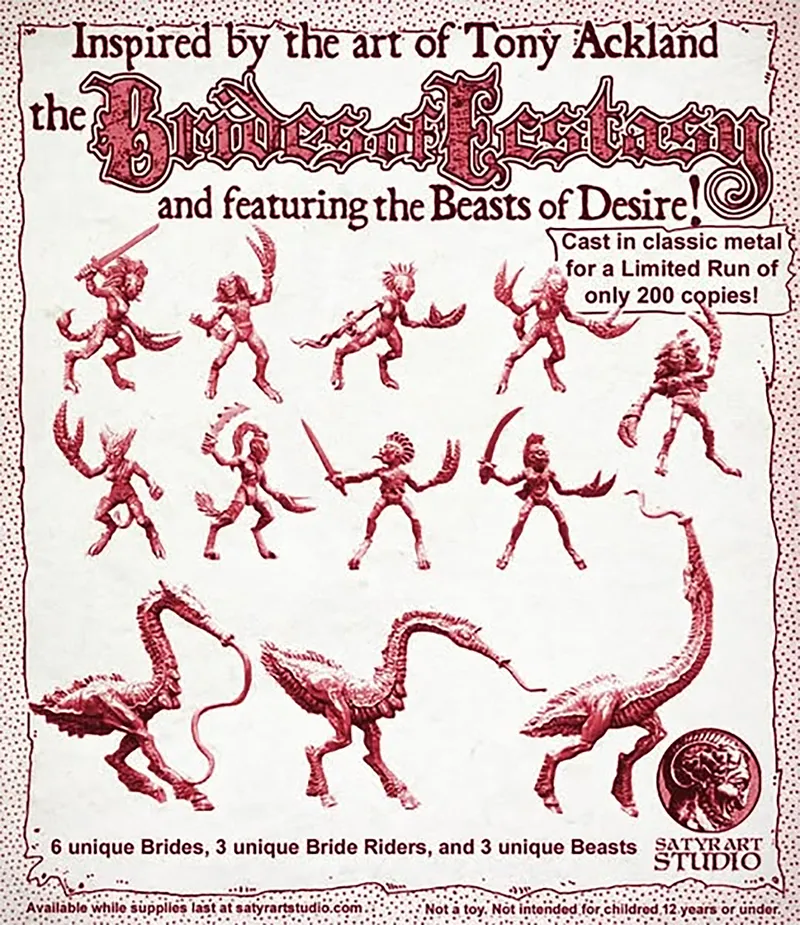 A vintage-style promotional poster features the "Brides of Ecstasy" miniatures, inspired by the art of Tony Ackland. The design showcases a variety of fantastical figures, including humanoid creatures wielding weapons and several beast-like forms, all rendered in a striking red against a cream background. The text highlights that these miniatures are cast in classic metal and are part of a limited run of only 200 copies.