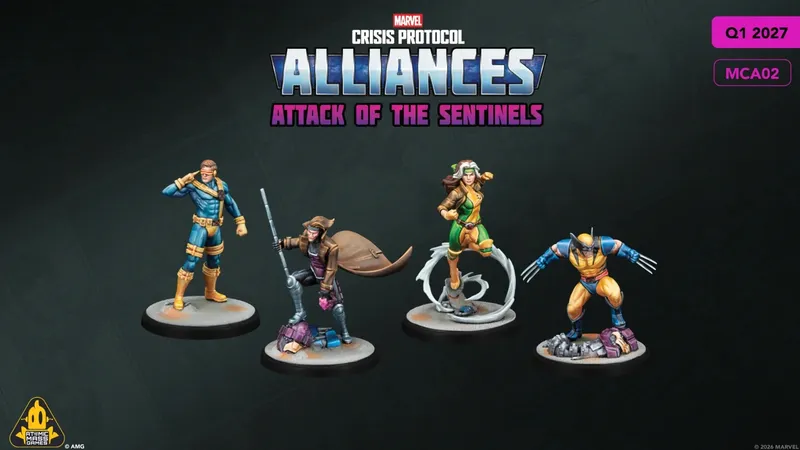 Four detailed miniatures from the Marvel: Crisis Protocol Alliances game titled "Attack of the Sentinels" are displayed against a dark background. The characters include Cyclops, dressed in a blue and yellow costume, Gambit with a staff and a brown trench coat, and Rogue in a green and yellow outfit, showcasing their unique poses and expressions. Each miniature is mounted on a circular base, highlighting their dynamic designs and the quality of the F.A.S.T. assembly.