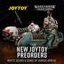 Two jetbikes with armored riders, "JOYTOY" and "Warhammer The Horus Heresy" text, "NEW JOYTOY PREORDERS WHITE SCARS & SONS OF HORUS ARRIVE"