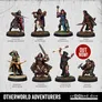 A collection of eight fantasy miniatures from Crooked Dice, featuring various adventurers. The figures include a Fighter wielding a spear or sword, two Clerics (one with a flail and another with a mace), a Thief with twin daggers, a Ranger with a bow, a Raging Barbarian, a Sorcerer holding a staff, and a Dwarf Fighter. The bottom of the image prominently displays the text "OTHERWORLD ADVENTURERS" and "OUT NOW!" along with the Crooked Dice logo.
