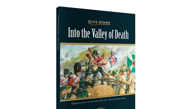A book titled "Into the Valley of Death" from Warlord Games features a colorful cover illustration depicting a dramatic scene from the Crimean War. British and Russian soldiers are engaged in battle, with a prominent British flag and various military uniforms visible. The title and publisher's logo are displayed prominently at the top and bottom of the cover, emphasizing its connection to the Black Powder game system.