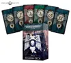 A collection of cards from the new Warhammer 40,000 mission deck is displayed, featuring various designs and symbols in different colors, including red, green, and blue. The central box, labeled "CHAPTER APPROVED 2025-26 MISSION DECK," showcases the iconic Warhammer 40,000 logo with a skull and wings, set against a backdrop of dark, armored figures. The cards are arranged behind the box, highlighting their unique artwork and mission icons.